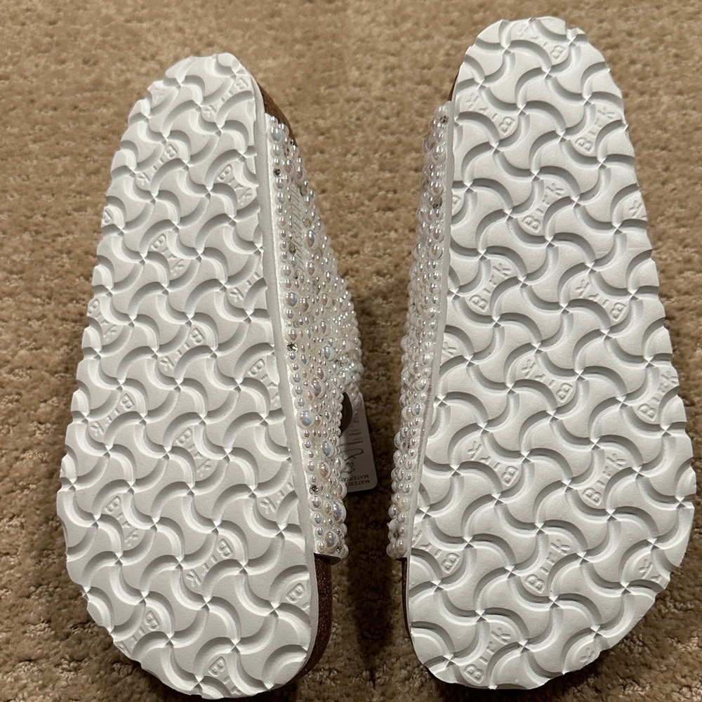 Birkenstock Customized Wedding Sandals in White with Pearl Accents - Picture 4 of 11